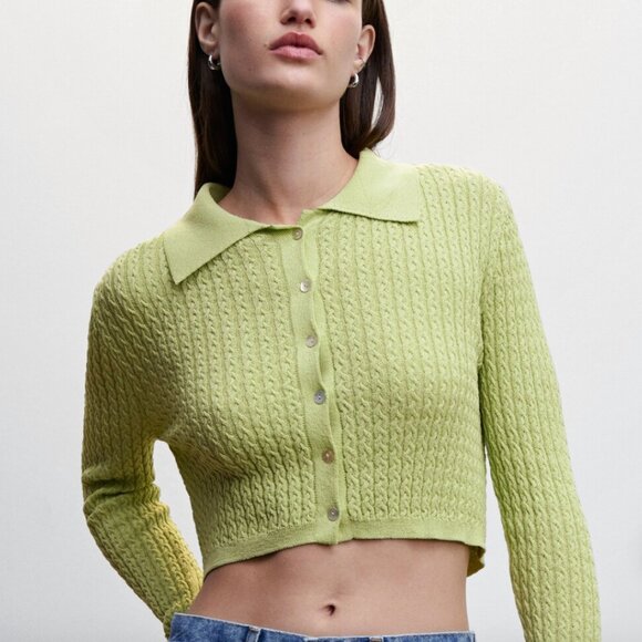 Mango Cable Knit Cropped Cardigan Lime Size Medium - Picture 1 of 5